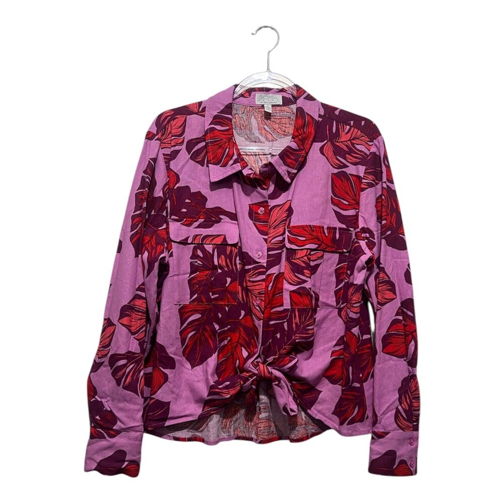 Sofia Vergara Linen Blend Monstera Leaf Button Front Top XL‎ Pink Red